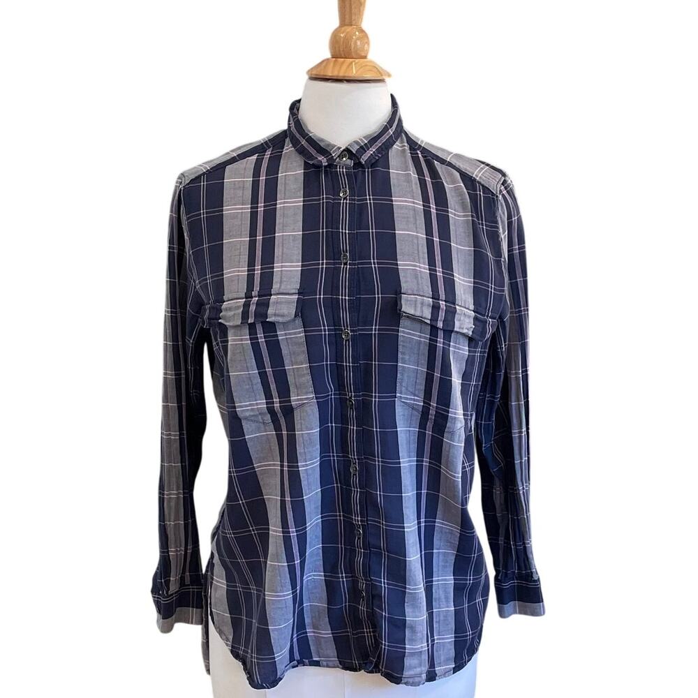 Lou & Grey Cotton Blue Plaid Collared Button Down Long Sleeve Shirt/Tunic Size S